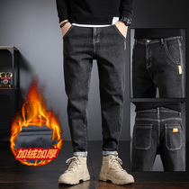 Autumn and winter new jeans Mens cashmere thickened Korean version straight cylinder elastic casual trend 100 hitch a little foot long pants