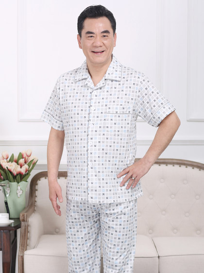 여름 순수면 잠옷 남성용 의류 정장 중년 아빠 짧은 슬리브 바지 대형 크기의 면화 잠옷 여름 순수면 잠옷 남성용 의류 정장 중년 아빠 짧은 슬리브 바지 대형 크기의 면화 잠옷