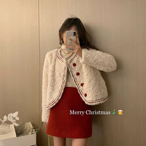 (Hu Chus New Year suit) Little fragrant wind lamb wool jacket red half-body dress Two sets of women autumn and winter