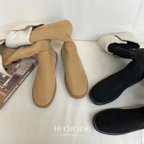 (Huchu Beautiful Round Table Rider) 2021 Winter Sheep Wool Thickened Rider Boots with Snow Boots Long Barrel Boots Woman