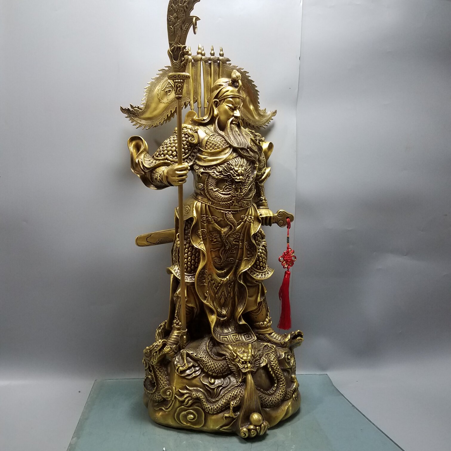纯铜九龙关公摆件家居风水镇宅装饰品全铜九龙战袍背旗关羽关二爷