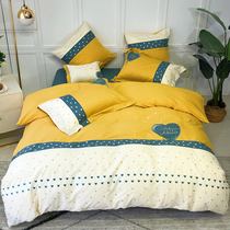 Simple fashion 80 long-staple cotton grinding four-piece set of color matching stitching love embroidery cotton thick bedding
