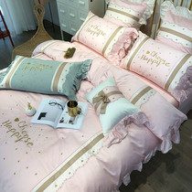 Princess style 60 Egyptian long-staple cotton embroidery 1 8m four-piece pink bow ruffles cotton bedding