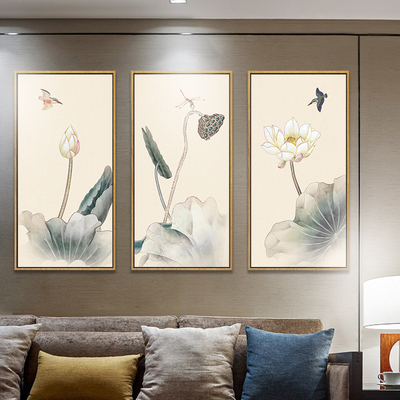 新中式客厅装饰画三联水墨画荷花画