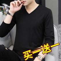 2 pcs) Modal long sleeve T-shirt mens V-collar solid color autumn clothes on the base shirt with black spring shirt