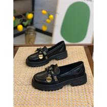British style loafers for women in spring and autumn new thick-soled slip-on black single shoes with bows and small leather shoes