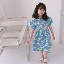 Girls summer flowers to collect waist one-piece dress 2021 new childrens baby Han version Ocean Crumbles Blister Sleeves Skirt