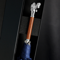 DanMunier Solid wood metal dog head long handle umbrella Solid color gentleman windproof reinforced umbrella Mens large umbrella