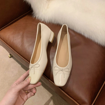 2021 spring new super easy to wear~Apricot sheepskin square head ballet shoes Bow single shoes womens flat soft leather