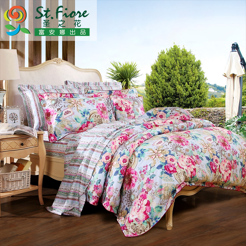 富安娜家纺圣之花床上用品床上四件套纯棉1.8m床被套床单凯伦庄园产品展示图1