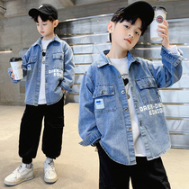 Boys jeans shirt handsome boys tops 2022 new spring and autumn childrens long sleeve shirt in the big child Han Edition