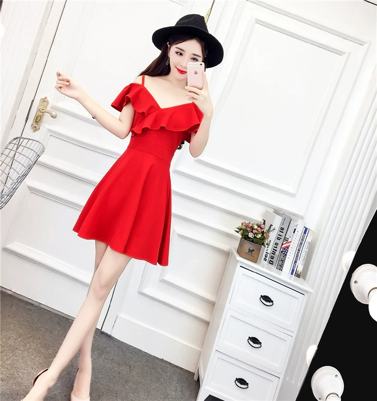 Váy của phụ nữ ban đêm Một từ là mỏng tính khí thanh của phụ nữ dây treo cổ chữ V váy gợi cảm của phụ nữ mùa hè 2020 mới - A-Line Váy