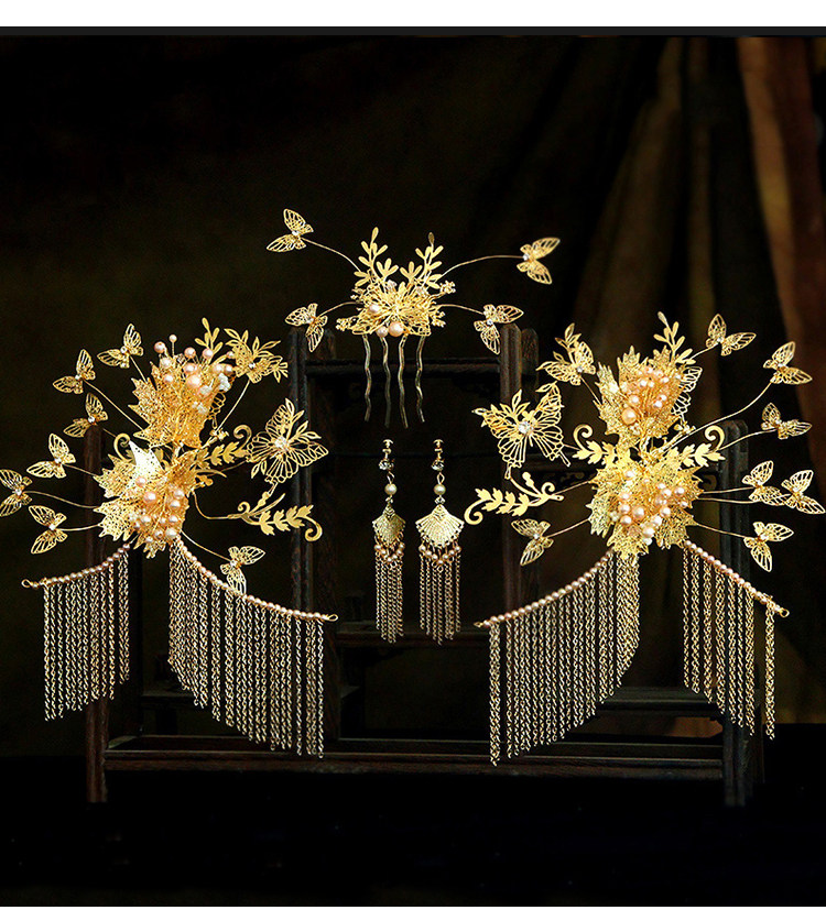 中式新娘秀禾头饰金色流苏步摇凤冠古代结婚发饰秀禾服龙凤褂配饰