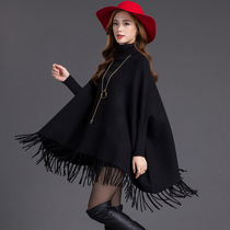 2020 womens autumn and winter fringed cashmere sleeveless shawl with high neck bat knitted sweater cape thick coat female