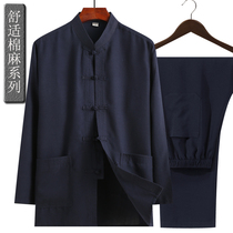Summer cotton and hemp mens long-sleeved Tang suit suit for the elderly casual Chinese style mens clothing large size Chinese dad outfit