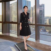 Nian En studios black intellectual double-breasted waist lace-up long-sleeved suit collar formal dress for women