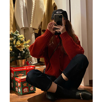 Round collar red soft glutinous sweater womens winter thickened 2020 new ocean gas loose outside wearing twist knit cardiovert jacket