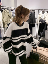Lazy Wind Stripe Hit color sleeve Hooded Sweater Woman 2021 Autumn Winter New Loose Outside Wearing Seahorse Wool Knit Cardiovert Blouse