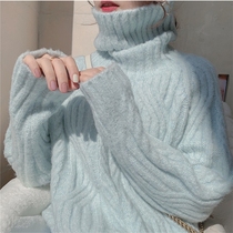 Soft milky blue high collar bottom sweater womens autumn winter thickening outside wearing loose and lazy gentle wind day tying knitted sweatshirt