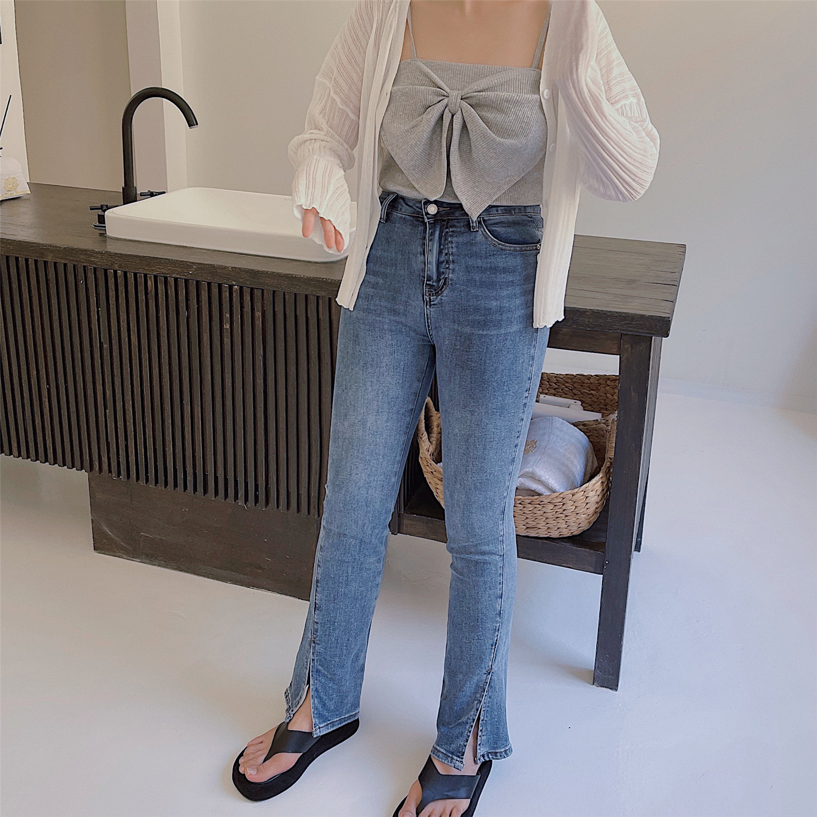 21 Summer new fat mm slit jeans Hong Kong style chic micro trumpet stretch wide leg pants large size women's clothing