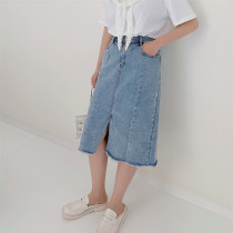 2021 new open slit in length Denim Skirt Retro High Waist Splicing Display Slim Asymmetry 100 Hitch Half Body Dress