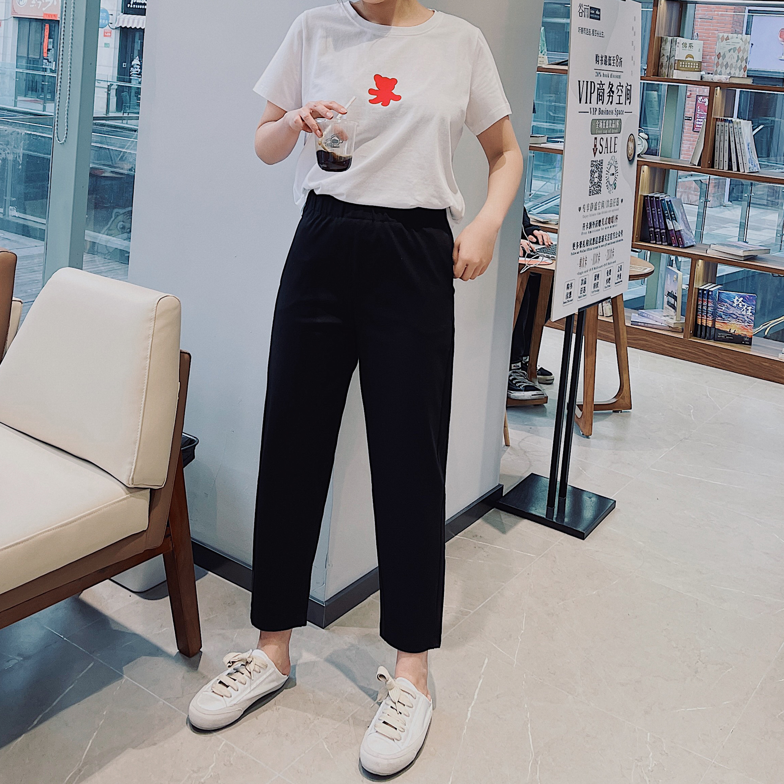 Cat Home Large size size Early autumn base Casual Little Black Pants Fat Mm Slim Tightness High Waist Straight Silo 9 Minute Pants Trousers Long Pants