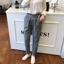 High-waisted agaric edge plaid casual pants