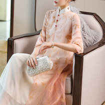 Fake two pieces of elegant temperament Chinese small fragrant style womens improved cheongsam dress national Zen tea dress female summer