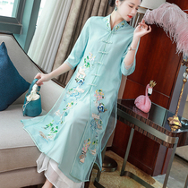 Chinese style Zen clothes retro temperament womens heavy industry embroidery tea clothes improved Hanfu cheongsam dress summer Women