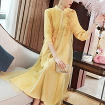 2021 Spring Summer Ethnic Wind Dress Embroidery Literature and Art Wind Long skirt Improved Chinese Temperament Qipao Fake two Tea Conserve