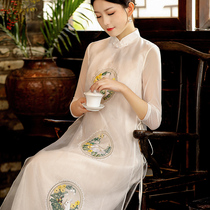 Literary retro embroidery National improved cheongsam dress Zen Chinese style womens Chinese style tea clothing womens summer clothes