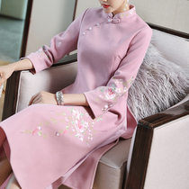 Retro Republic of China Zen womens tea clothing womens autumn and winter literature Chinese style cheongsam dress temperament National Wind winter clothing