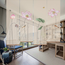 Chinese roller blind hand pull lifting curtain soft partition hanging screen Custom Lotus household fabric shade