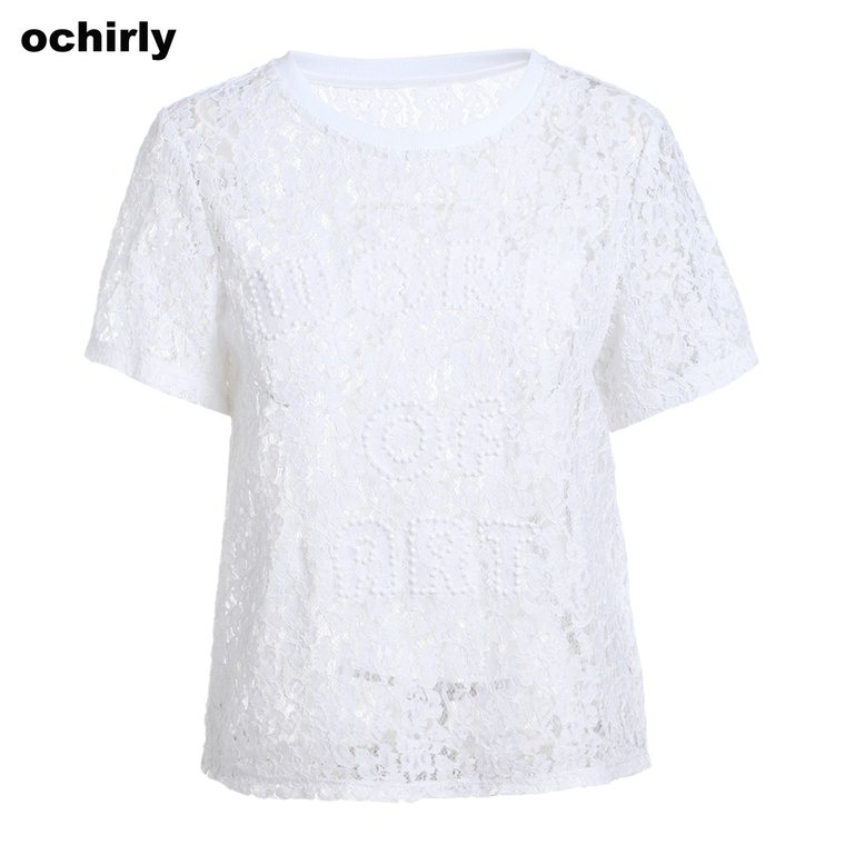 【新降7折】Ochirly欧时力字母棉质蕾丝短袖T恤1152022620