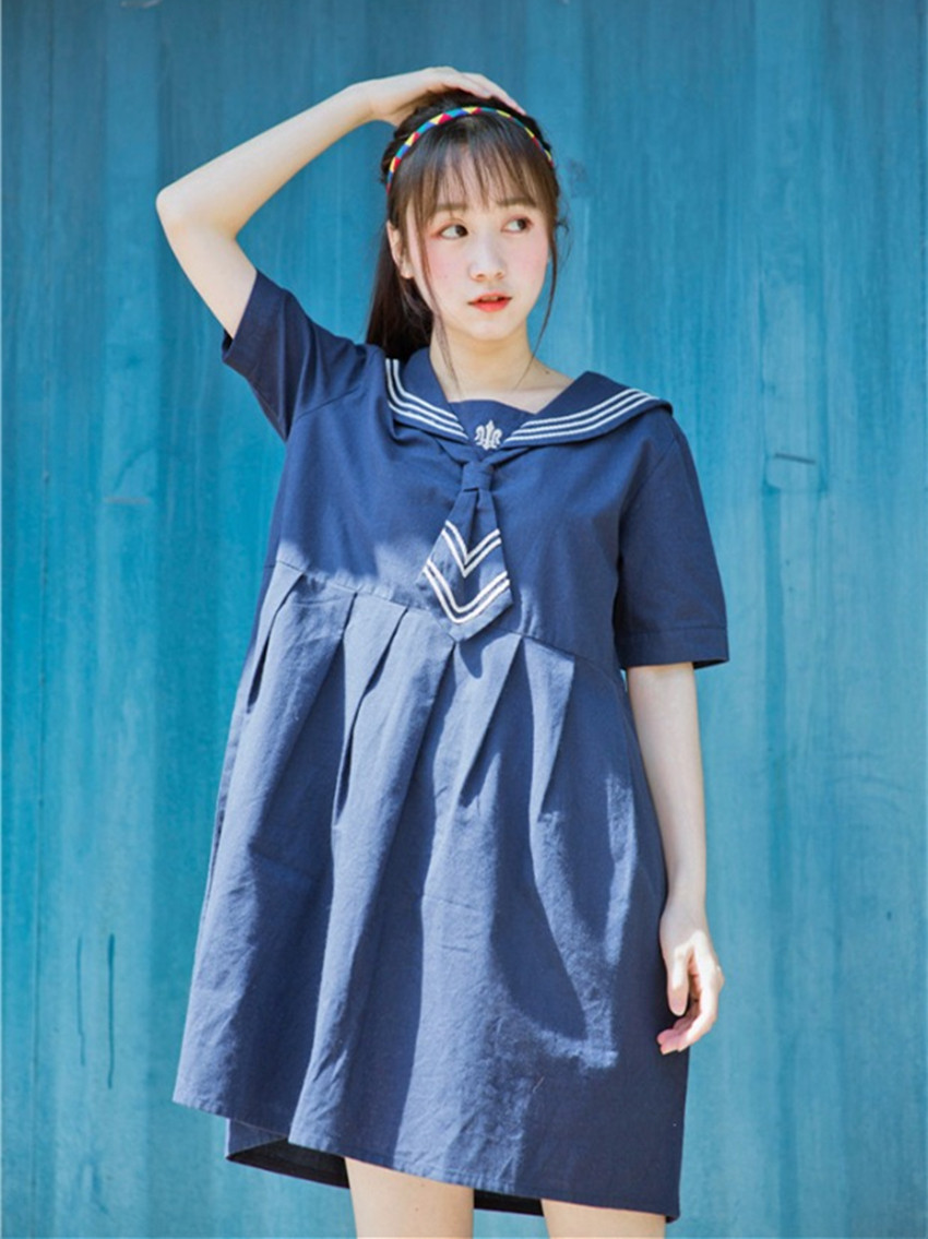 日系少女清纯海军风 领结大翻领宽松 水手服制服连衣裙_7折现价62元