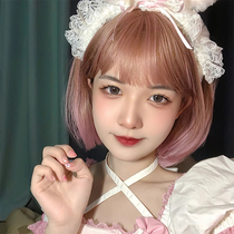 Pink wig short hair female summer short age reduction wave head Daily round face hairstyle Lolita simulation wig set