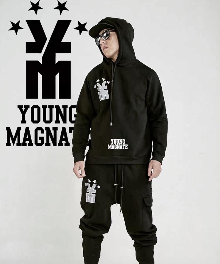 日本潮牌街头品牌youngmagnate黑色基础款纯棉套装帽衫长裤