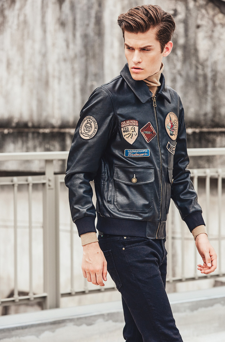 欧美2017春款飞行员夹克男徽章机车皮衣男夹克修身短款翻领外套潮