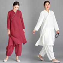 Jushifu Buddhist autumn and winter Zen womens cotton and linen Zen suit set literary retro improvement Zen dress tea costume