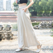 Chinese ethnic style tea pants female Zen wide leg pants long linen material loose retro literary Ramie Chinese style