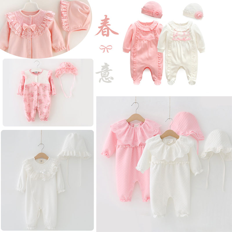 Spring and autumn baby out jumpsuit crawling suit Hat 2-piece female treasure full moon suit Princess suit Photo photography jumpsuit