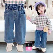 Girls plus plus wide leg pants autumn winter baby 2021 new thick jeans childrens pants Korean version of loose straight pants