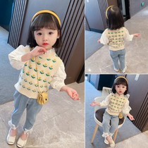 Girls 2021 Spring and Autumn New Set Foreign Baby Girl Net Red Vest Three-Piece Childrens Korean Edition Childrens Clothing Fashion Dress
