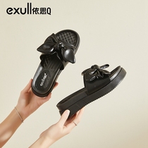 Issq black bow slippers women wear stylish new casual soft sole comfortable thick bottom sandals in the summer