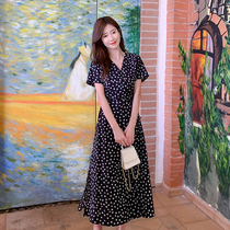 Suimen 2020 summer new one-piece strap floral dress v-neck waist retro small daisy long skirt