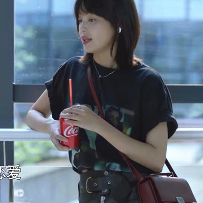 带着爸爸去留学辛芷蕾林飒夏季同款衣服黑色印花短袖宽松t恤