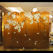 Gold foil Magnolia European classical modern decorative screen hand-painted meticultural relief lacquer painting living room background wall custom-made