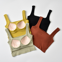 Cotton square collar Vest Womens belt chest cushion short open navel top beauty back with inner bra sling