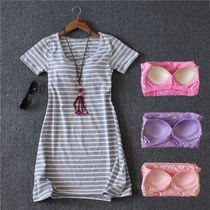 Womens summer with chest pad nightgown cotton pajamas half-sleeved bra-free Cup one-piece short-sleeved home wear medium-length dress