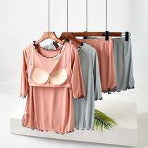Pajamas with chest pad pajamas female summer thin home clothing bra cup one loose short-sleeved shorts two-piece suit